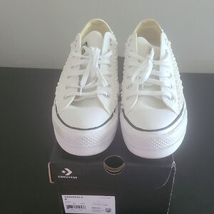 Converse White Pearl-Embellished Low-Top Platform Sneakers Custom